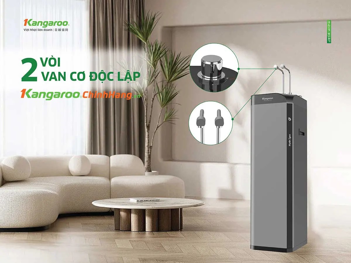 Cận cảnh 2 vòi và 2 van điều khiển cơ độc lập cho nước nóng và lạnh trên máy lọc nước Kangaroo KG10W6