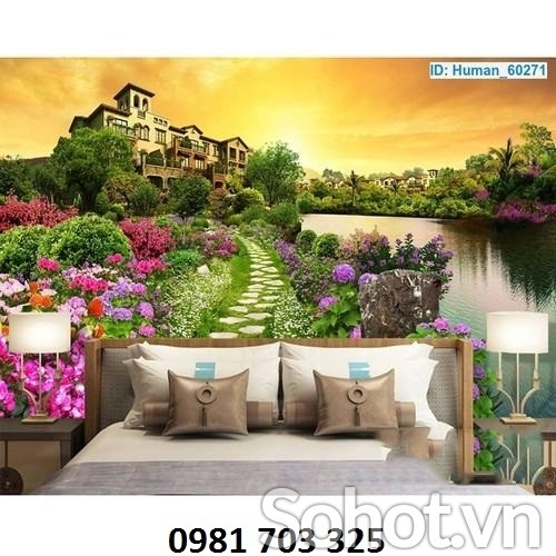 Tranh gạch 3D phòng ngủ phong cảnh núi rừng xanh mát