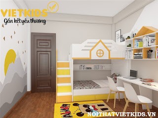 Thiết kế phòng ngủ màu vàng cam với giường tầng cho bé trai