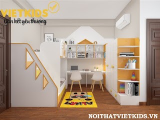 Giường tầng kết hợp tủ kệ trang trí trong phòng ngủ vàng cam