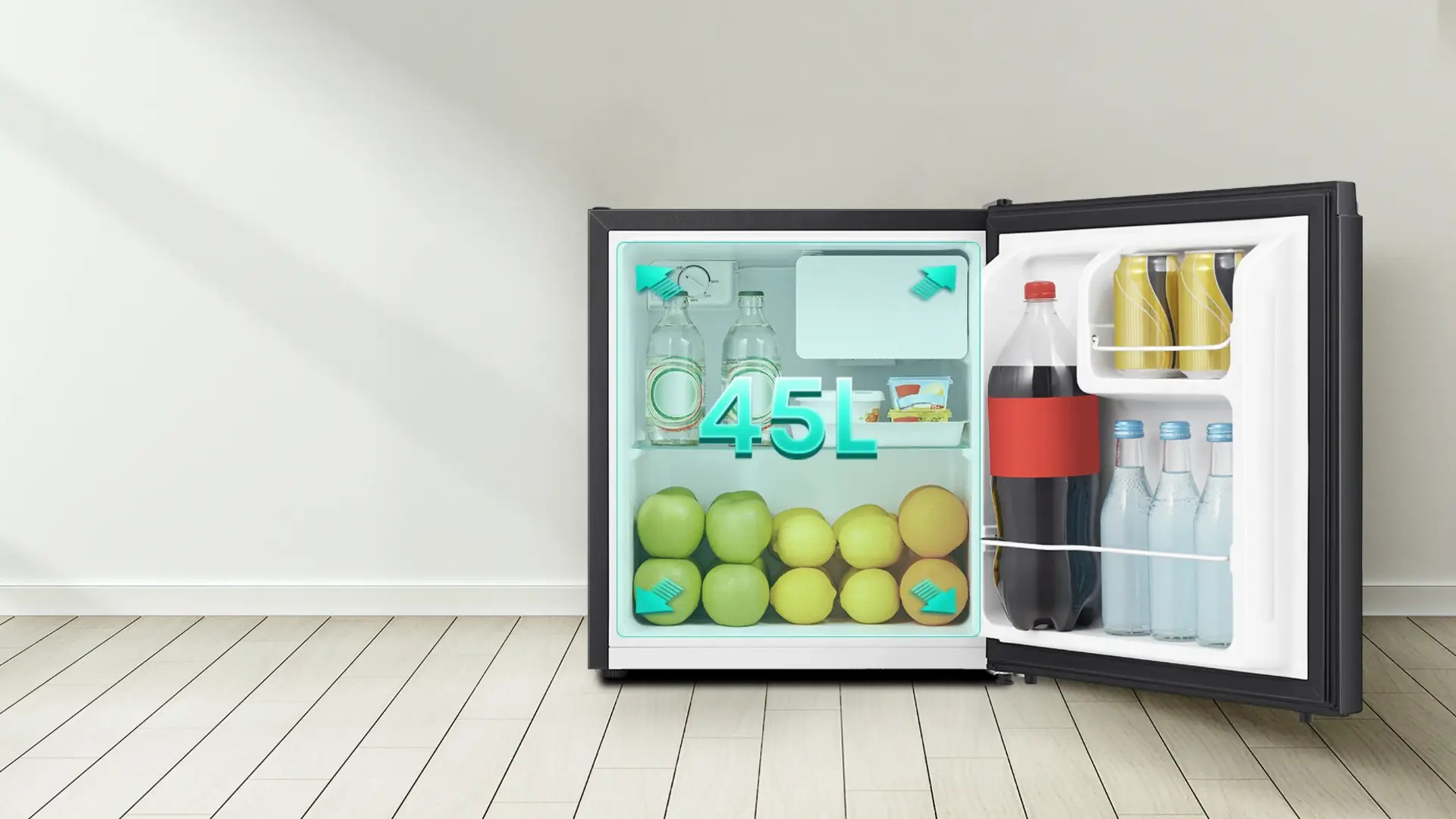 Tủ lạnh mini Hisense 45 lít để bàn, nhỏ gọn.