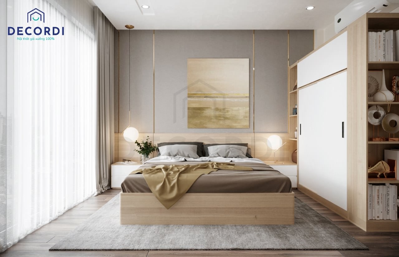 Phòng ngủ vợ chồng 10m2 với tông màu trắng kết hợp nội thất gỗ sồi tự nhiên mang đến cảm giác ấm áp, nhẹ nhàng