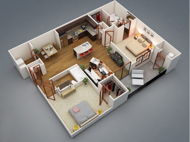 Thiết kế căn hộ 80m2 2 phòng ngủ 2WC với không gian sinh hoạt chung rộng rãi