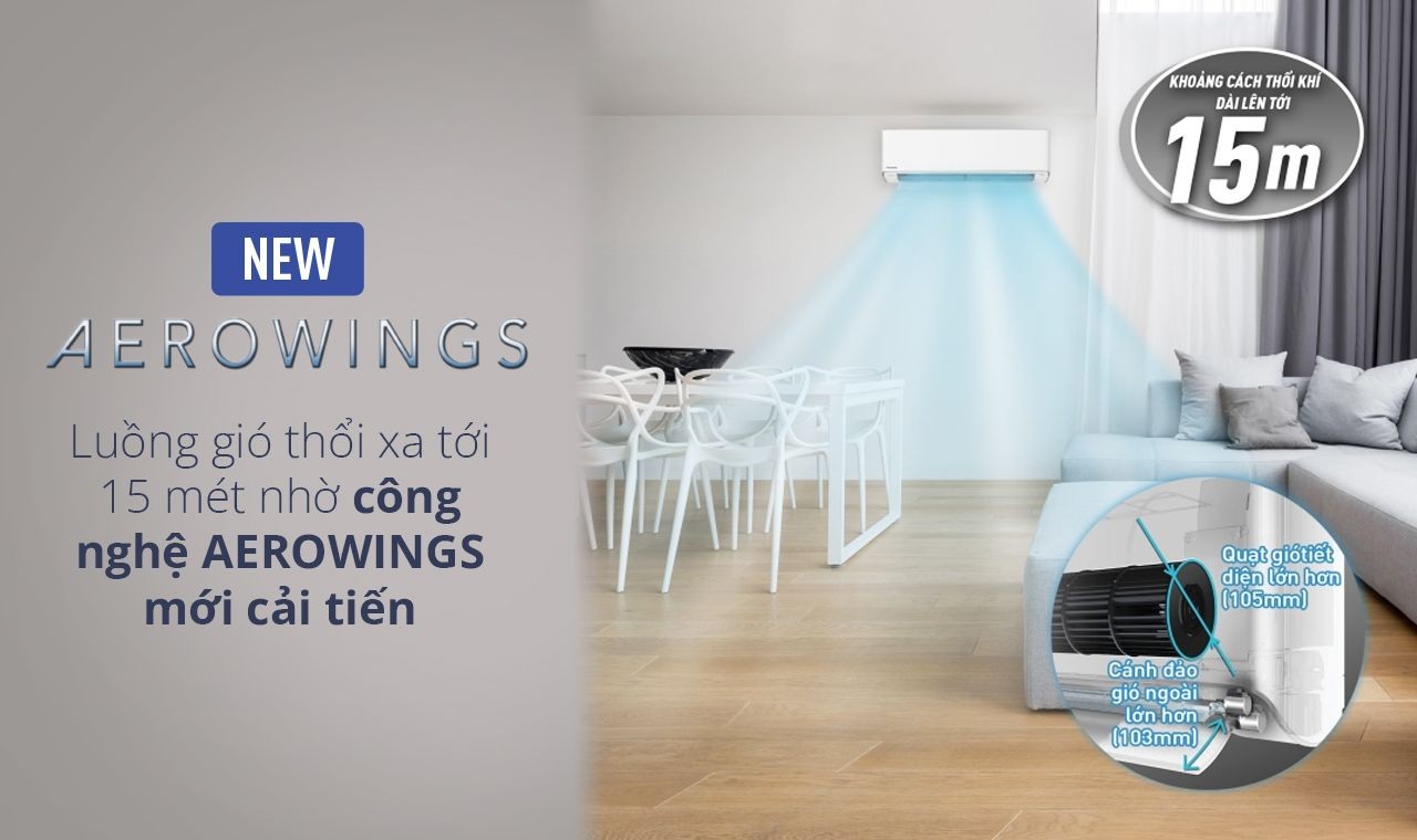 Công nghệ AEROWINGS với luồng gió thổi xa 15m của máy lạnh Panasonic 1 ngựa inverter