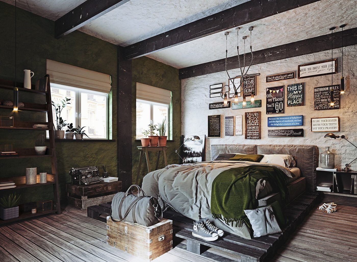 Decor phòng ngủ nhỏ phong cách vintage bằng ảnh và dây đèn ấm áp