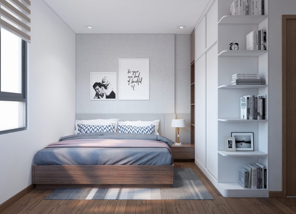 Phòng ngủ nhỏ hiện đại trang trí tường bằng ảnh màu sắc