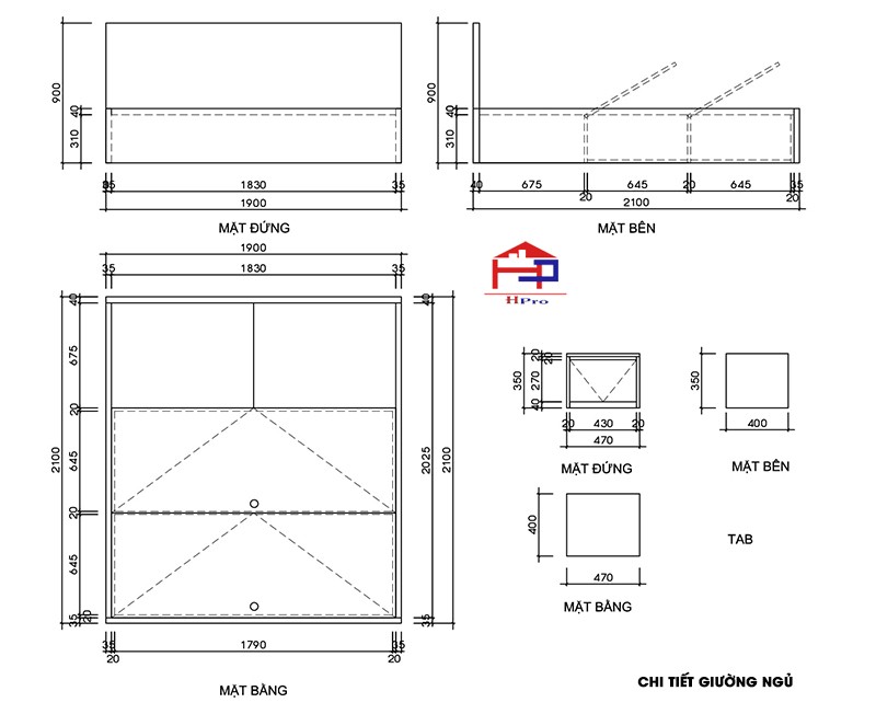 Bản vẽ 2D giường ngủ gỗ công nghiệp, chi tiết cho nội thất phòng ngủ gỗ sồi nga