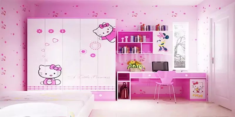 Bộ bàn ghế học sinh Hello Kitty màu hồng nhạt.