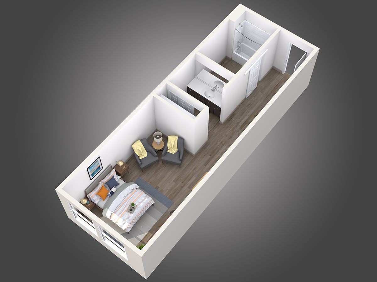 Bản vẽ 3D minh họa thiết kế phòng ngủ dài hẹp tối ưu không gian