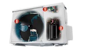 Hình ảnh bên trong cục nóng máy lạnh với các bộ phận chính như block, lá tản nhiệt và quạt được thể hiện rõ.