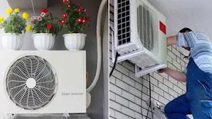 Hình ảnh minh họa cục nóng máy lạnh đặt ngoài trời và việc vệ sinh cục lạnh, nhấn mạnh tầm quan trọng của cả hai đơn vị.