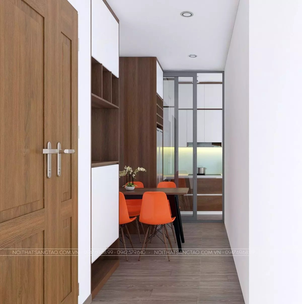 Bàn ăn cạnh khu vực bếp trong thiết kế căn hộ phòng ngủ và bếp chung