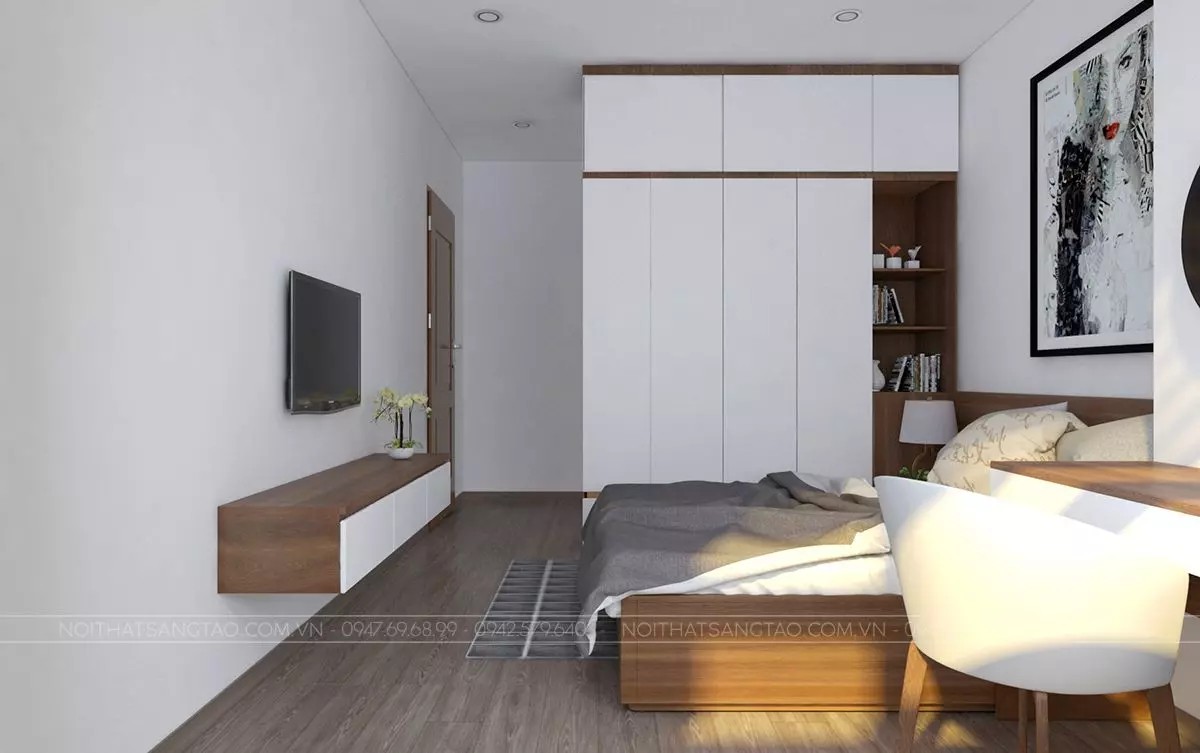 Tủ quần áo kết hợp giá sách thông minh cho phòng ngủ trong căn hộ phòng ngủ và bếp chung