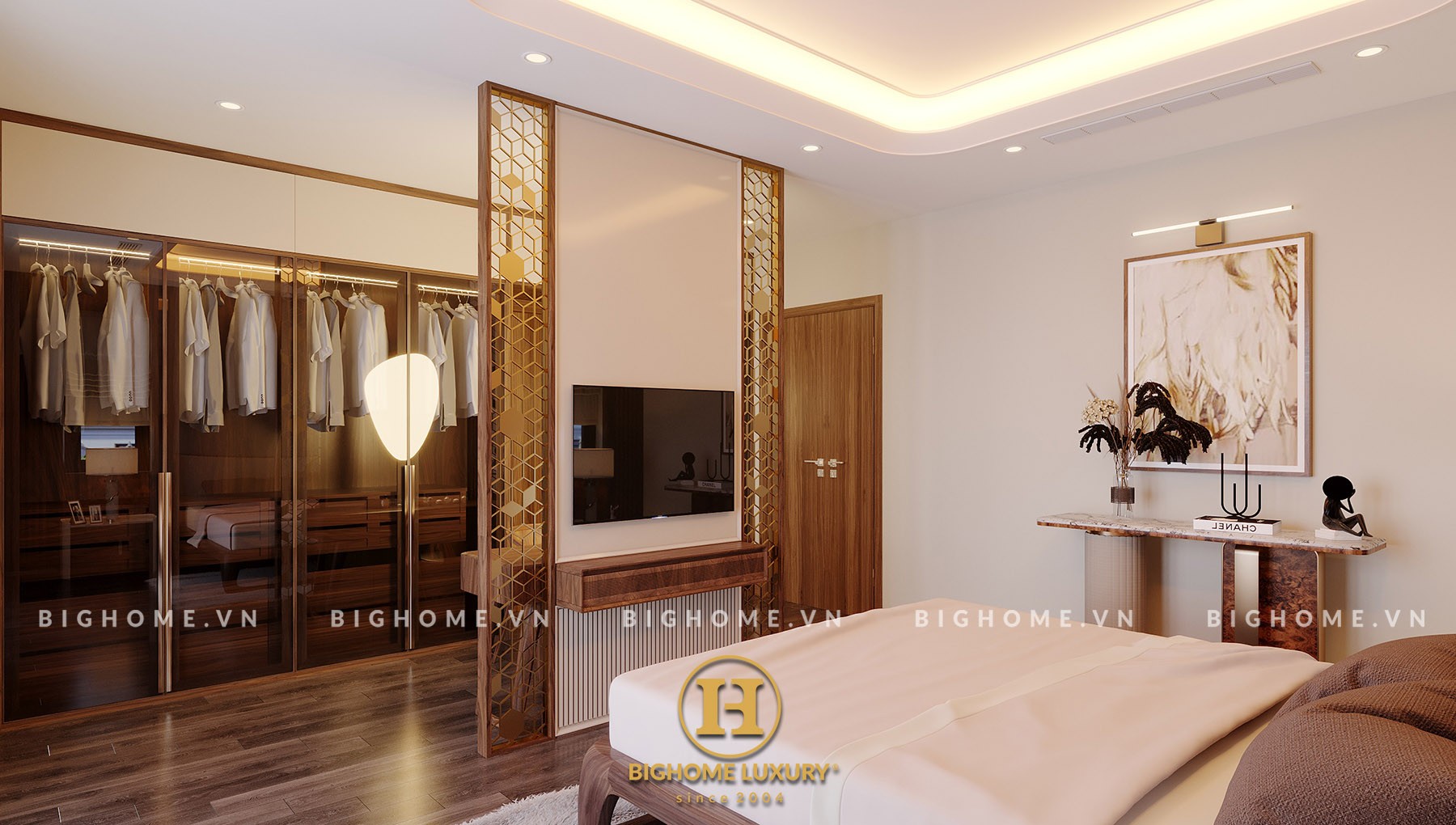 Nội thất phòng ngủ cao cấp kết hợp chất liệu gỗ tự nhiên và vải nỉ, mang lại cảm giác ấm áp, đẳng cấp