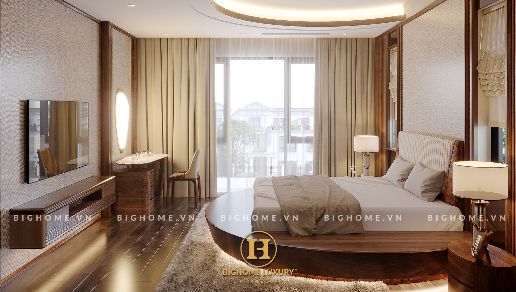 Phòng ngủ hiện đại với nội thất gỗ và đèn vàng tạo không gian ấm cúng do chuyên gia thiết kế