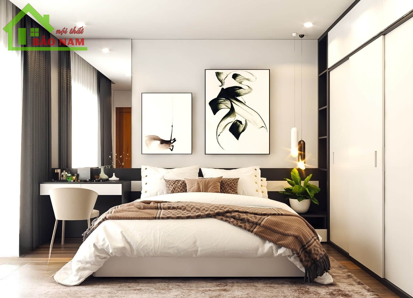Thiết kế phòng ngủ đẹp giá rẻ với bộ giường tủ gỗ công nghiệp hiện đại