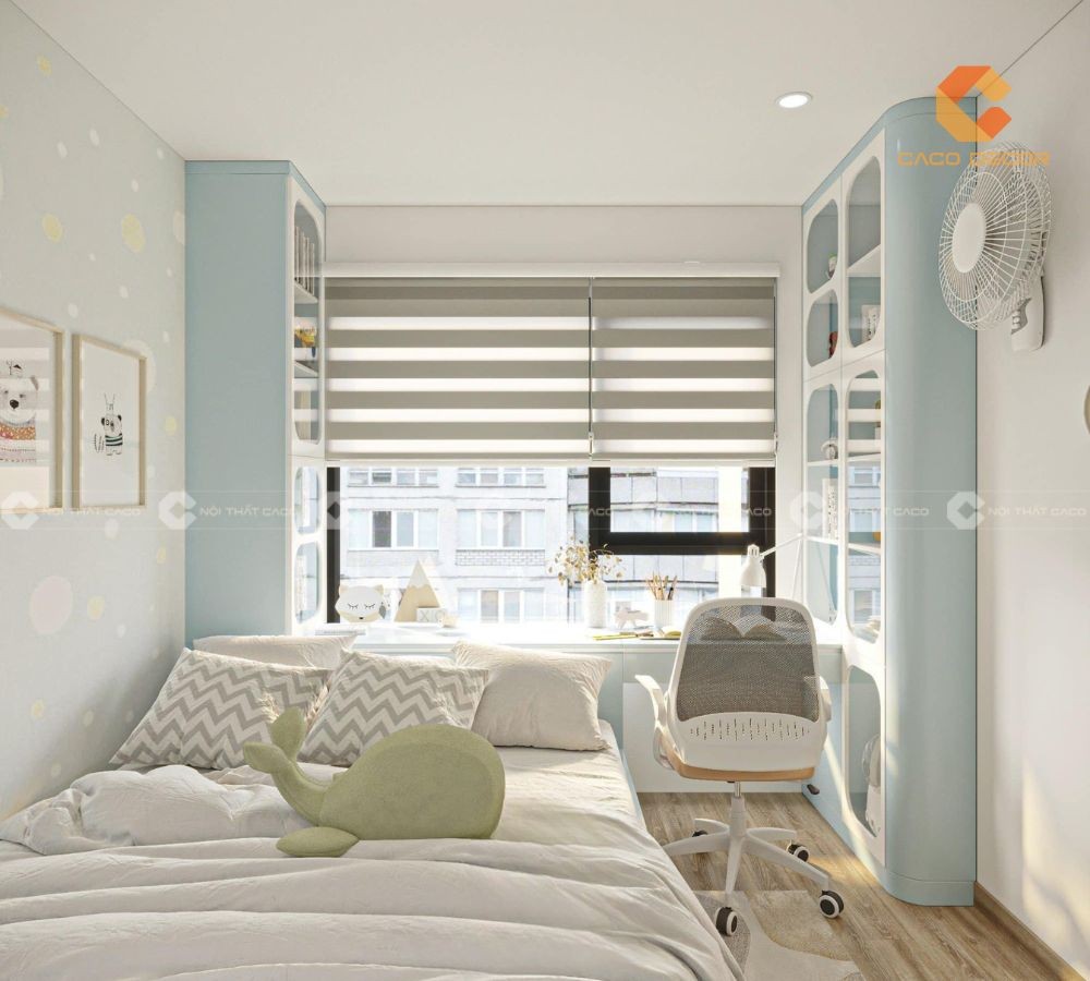 góc học tập và giường ngủ trong bộ phòng ngủ trẻ em trắng xanh