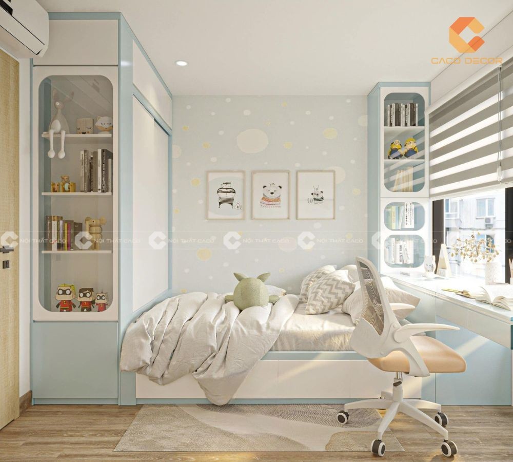 giường tủ liền phòng ngủ trẻ em màu trắng xanh hiện đại