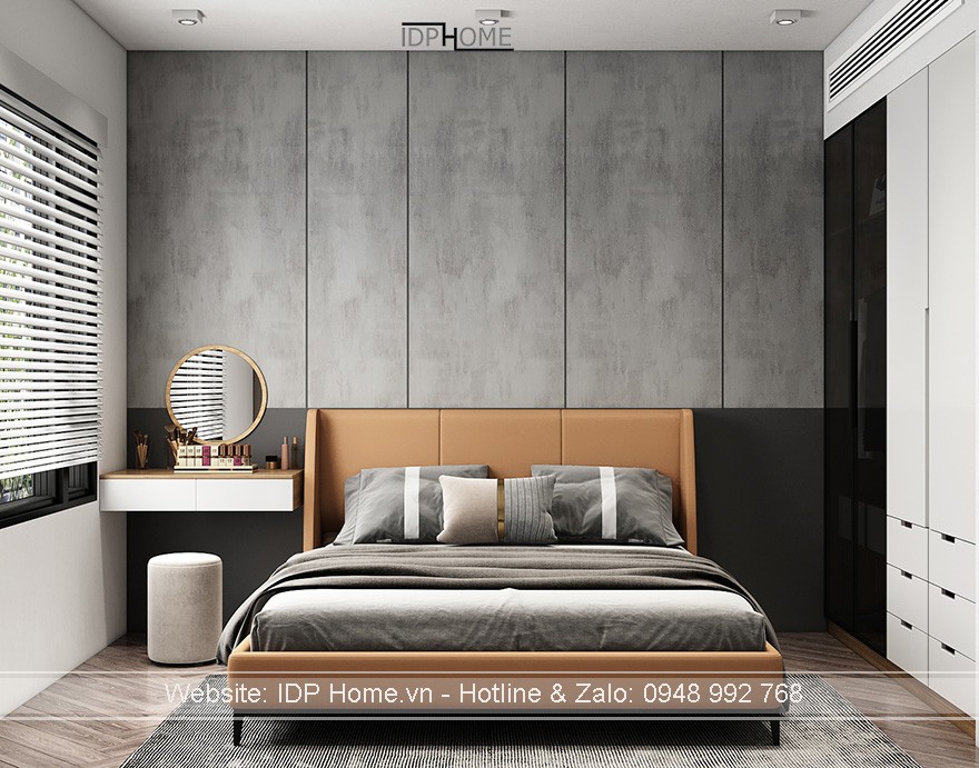Bố trí nội thất phòng ngủ 15m2 với giường bọc da hiện đại