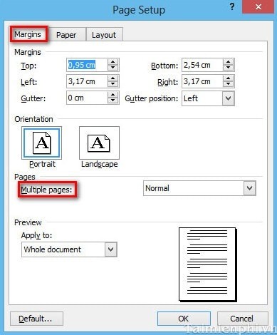 Tab Margins trong Page Setup của Word 2003, chọn Multiple pages