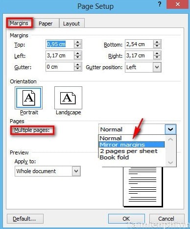Chọn Mirror margins từ danh sách Multiple pages khi căn lề Word 2003