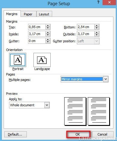 Cài đặt Mirror margins đã chọn trong Page Setup Word 2003 trước khi in 2 mặt