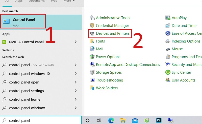 Screenshot cách vào Control Panel và chọn Devices and Printers để in máy in qua mạng LAN