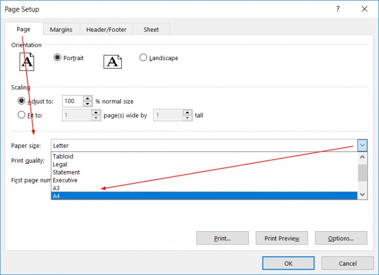 Cài đặt kích thước giấy A4 trong Page Setup khi in Excel