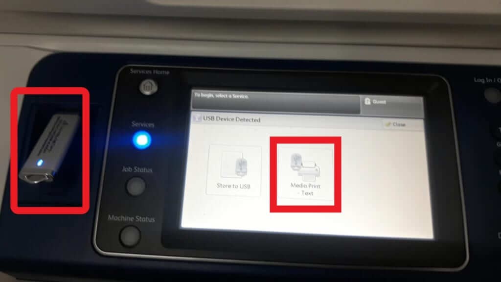 Giao diện máy photocopy hiển thị tùy chọn in từ thiết bị ngoại vi