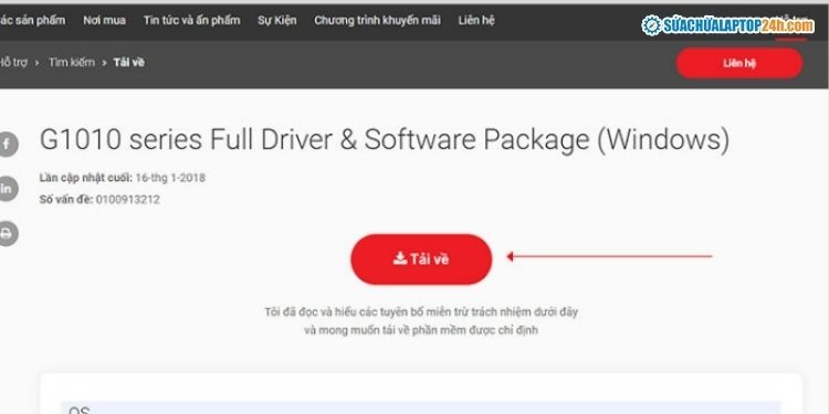 Giao diện tải driver từ website Canon