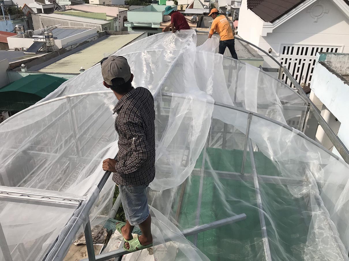 Phủ lưới và cố định nhà lưới trồng rau trên sân thượng