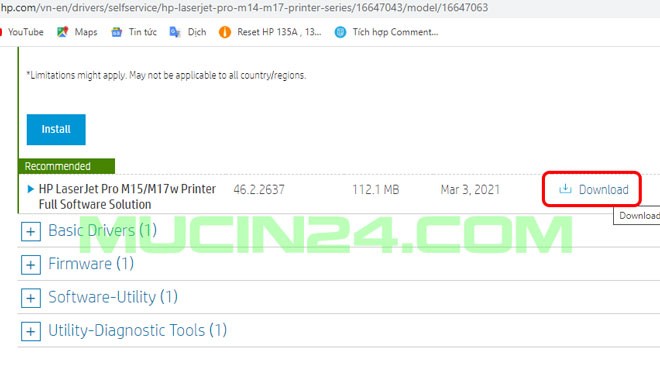 Chọn link tải driver máy in HP M15w từ trang chủ HP