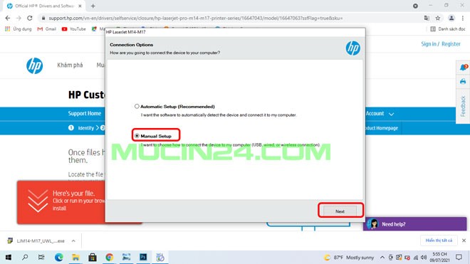 Chọn Menual Setup để cấu hình cài đặt máy in HP M15w