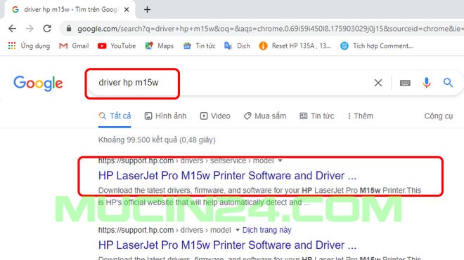 Kết quả tìm kiếm driver máy in HP M15w trên Google