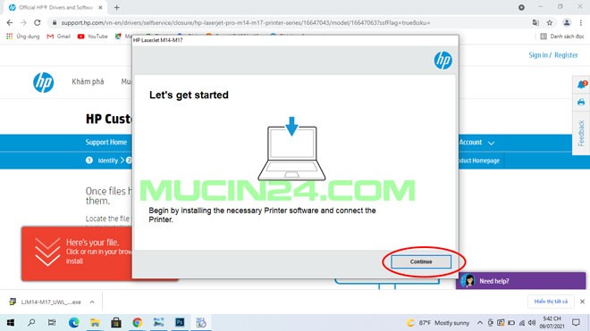 Màn hình cài đặt driver HP M15w - Chọn Continue