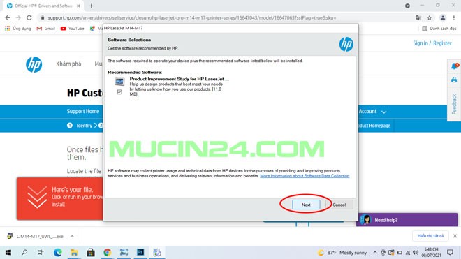 Chấp nhận điều khoản cài đặt phần mềm máy in HP M15w