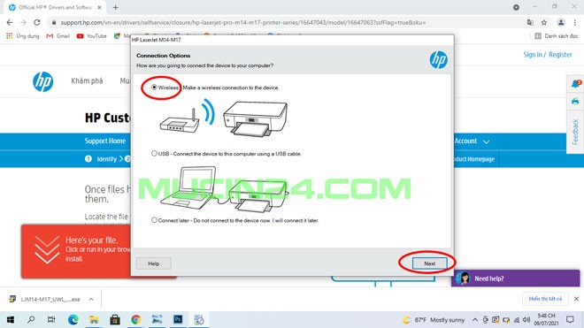 Lựa chọn kết nối Wireless (không dây) khi cài đặt máy in HP M15w