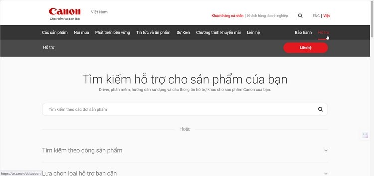 Giao diện trang web hỗ trợ Canon Việt Nam