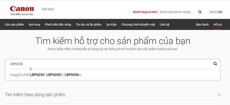 Tìm kiếm driver máy in Canon LBP 6030 trên website Canon