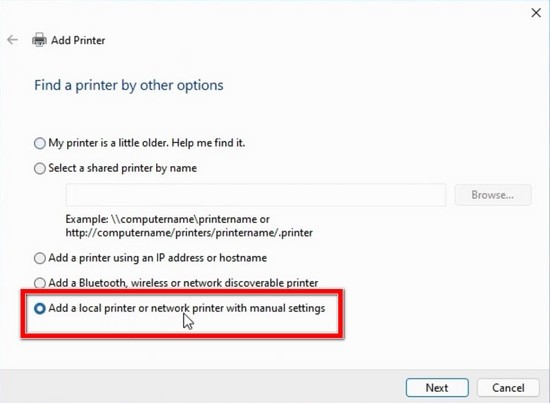 Thêm máy in thủ công trong cài đặt Windows 11