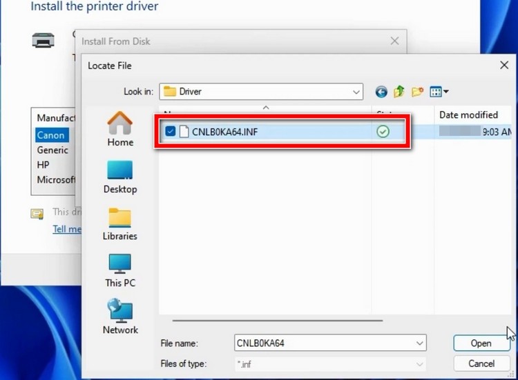 Tìm kiếm tệp cài đặt (.inf) driver máy in Canon