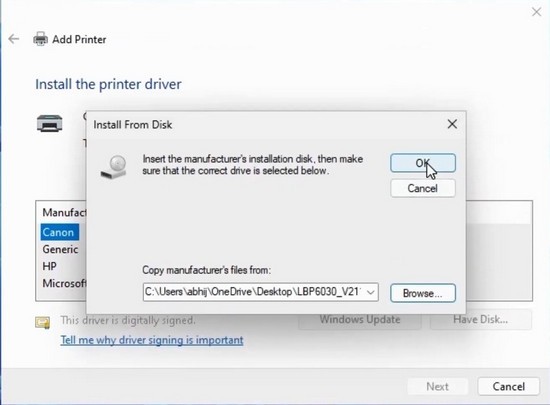 Chọn tệp CNLB0KA64.INF để cài đặt driver máy in Canon