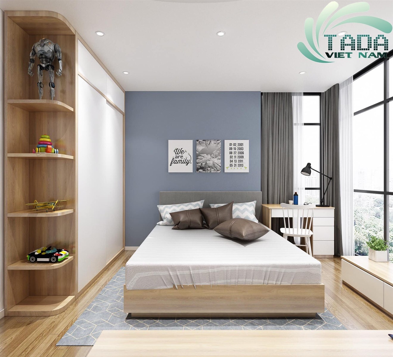 Thiết kế phòng ngủ tông màu gỗ ấm áp với giường và tủ gỗ hiện đại