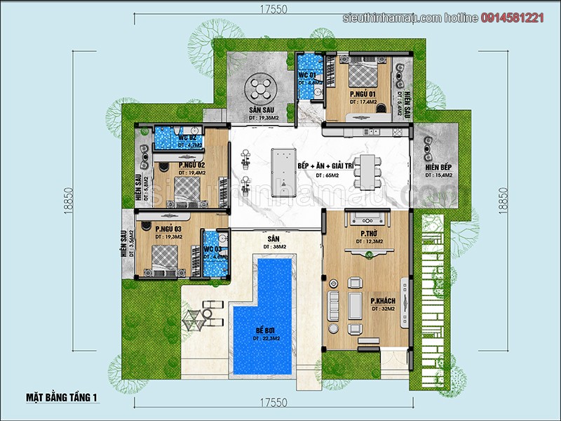 Mặt bằng bố trí nội thất mẫu thiết kế tầng 1 có phòng ngủ tiện nghi