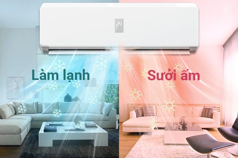 Điều khiển điều hòa Sumikura hiển thị biểu tượng mặt trời cho chế độ sưởi HEAT