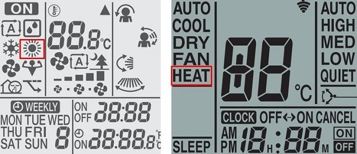 Biểu tượng HEAT trên màn hình điều khiển điều hòa hai chiều