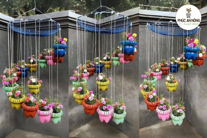 Chuông gió độc đáo từ chậu hoa mười giờ treo tầng