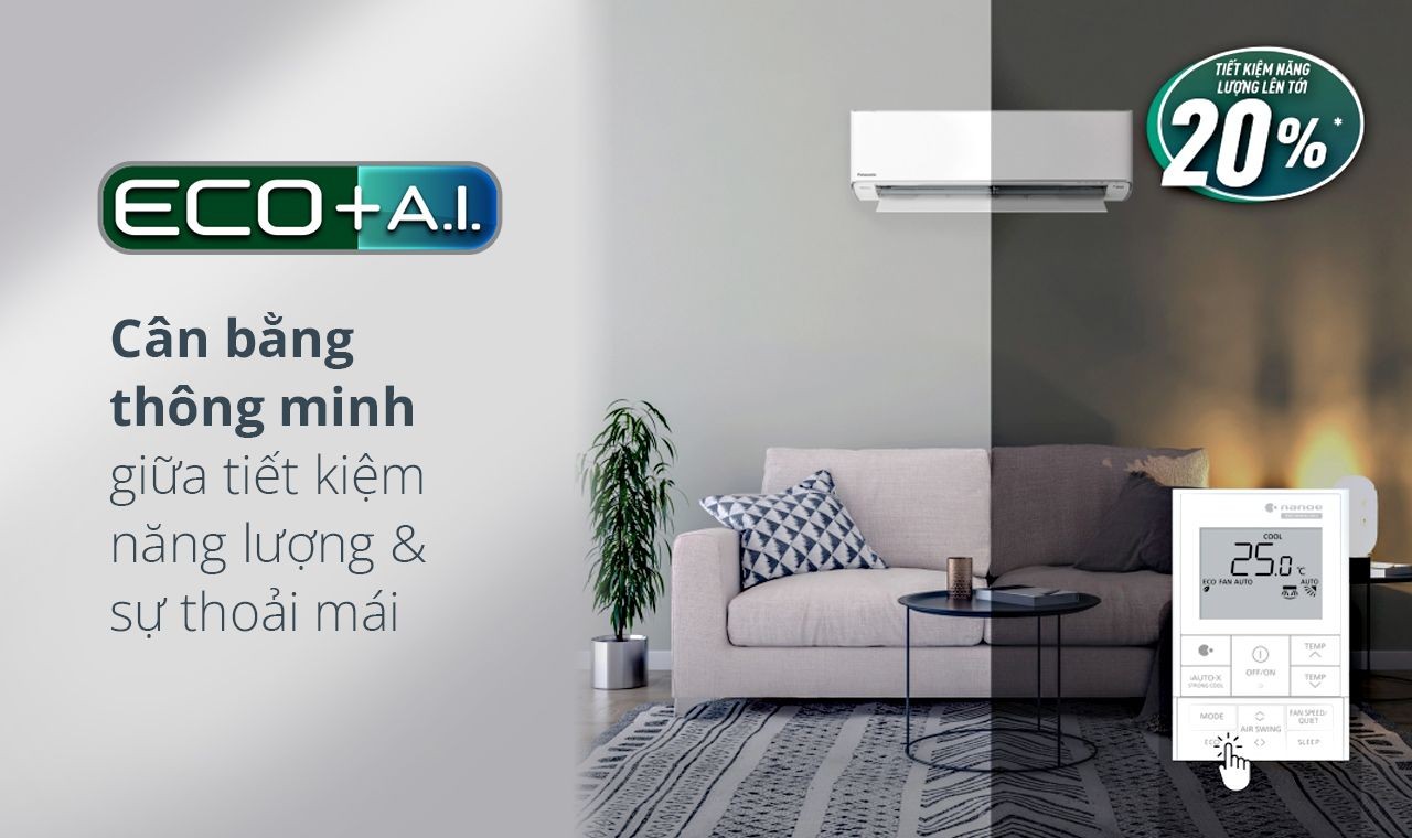 Chế độ ECO tích hợp A.I trên máy lạnh Panasonic inverter 1 ngựa giúp tiết kiệm điện