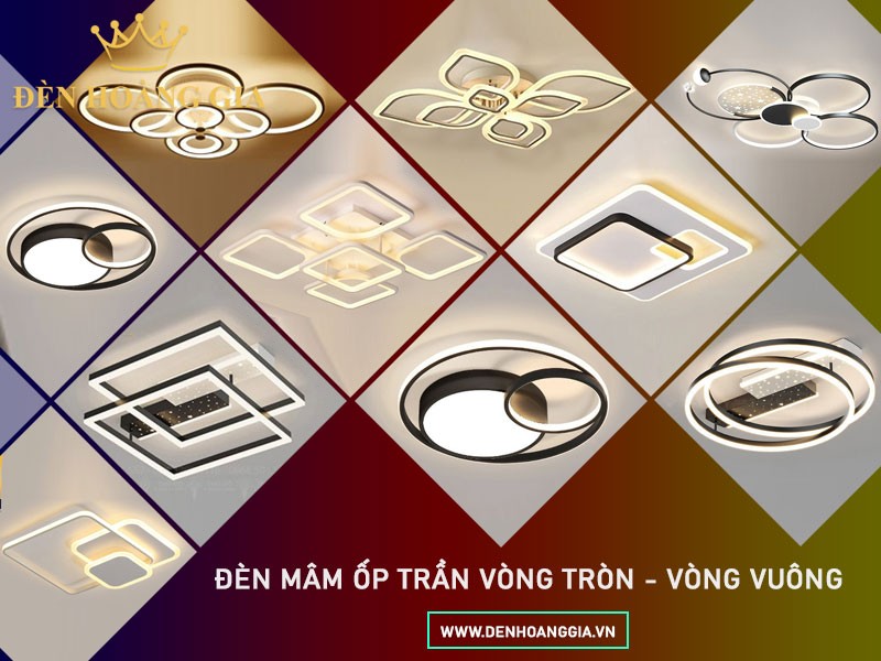 Mẫu đèn mâm ốp trần mica dạng vòng tròn và vòng vuông