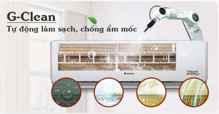 Tính năng tự động vệ sinh G-Clean của điều hòa Gree được hiển thị trên màn hình, một công nghệ hỗ trợ điều hòa tiết kiệm điện năng và duy trì không khí sạch